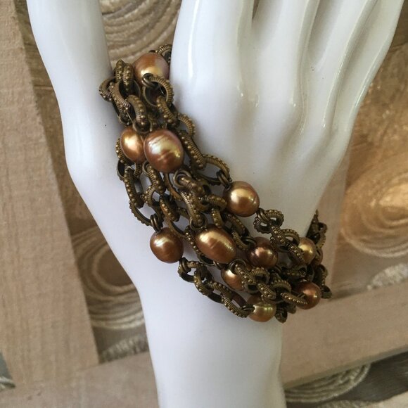 Stephen Dweck 5 Strand Bronze Link Bracelet with Gold Pearls - Picture 4 of 11
